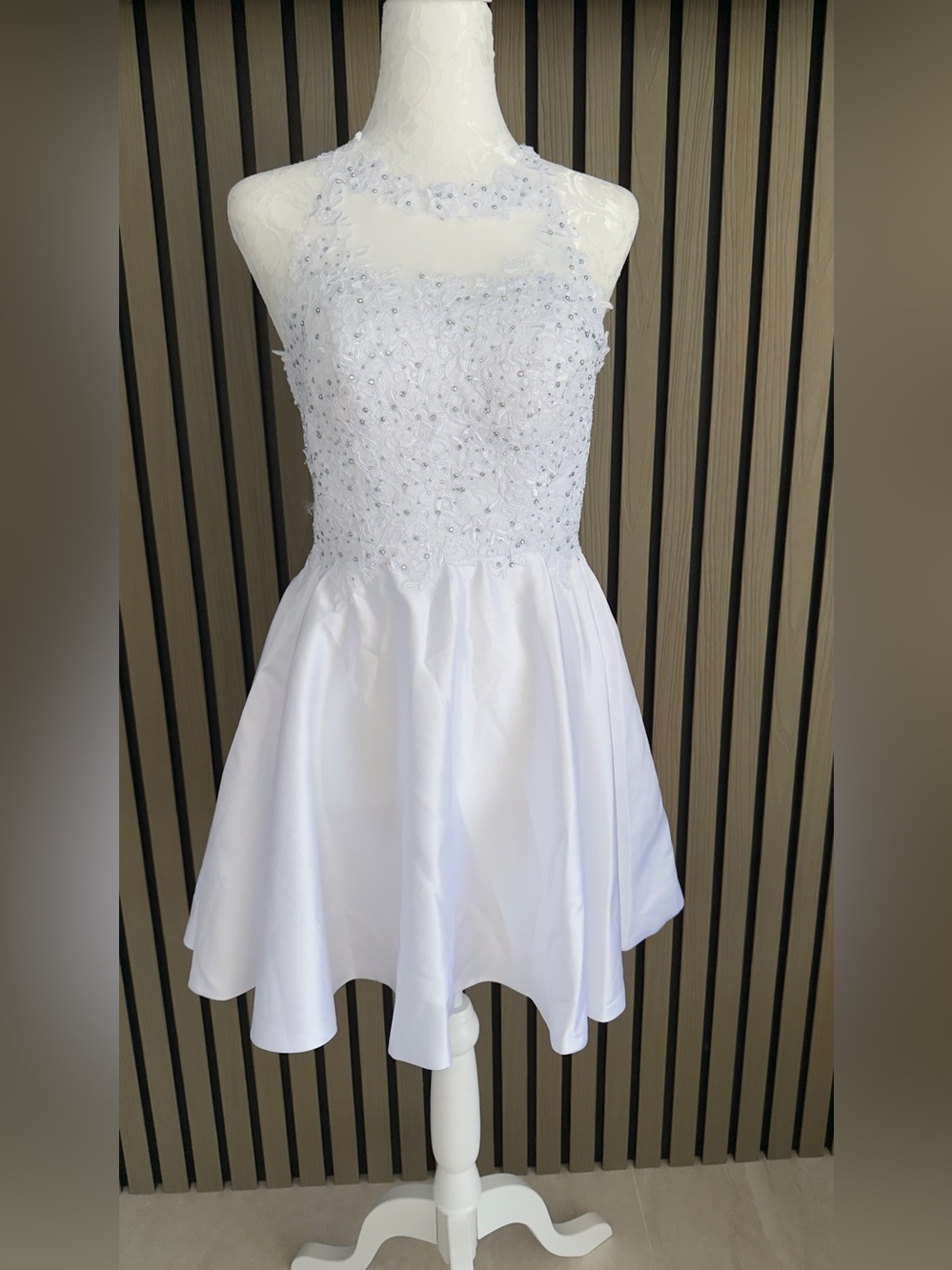 White Beaded Halter Kids Dress